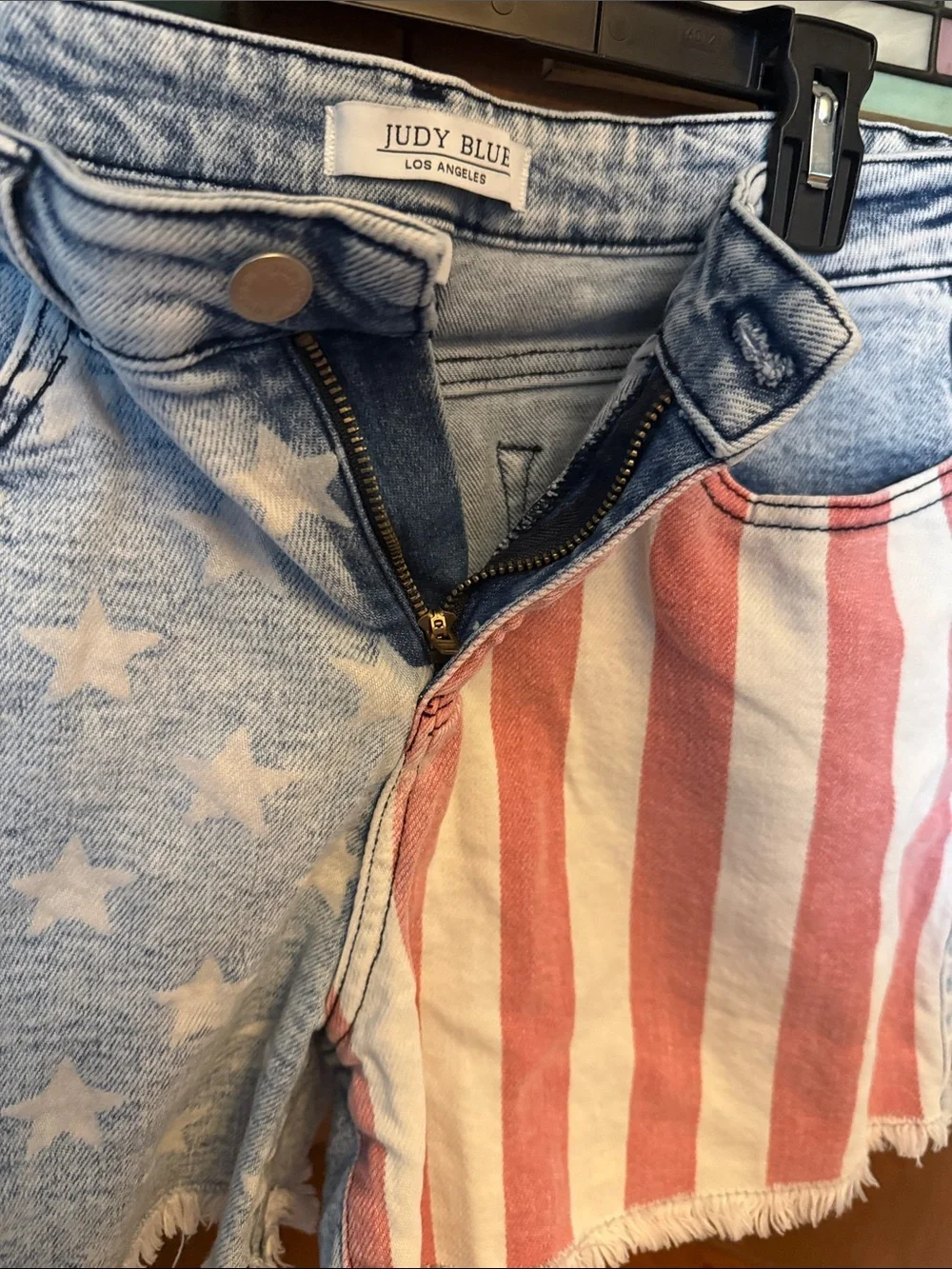 Judy Blue American Flag Denim Shorts Stars Stripes Frayed Raw Hem Size L